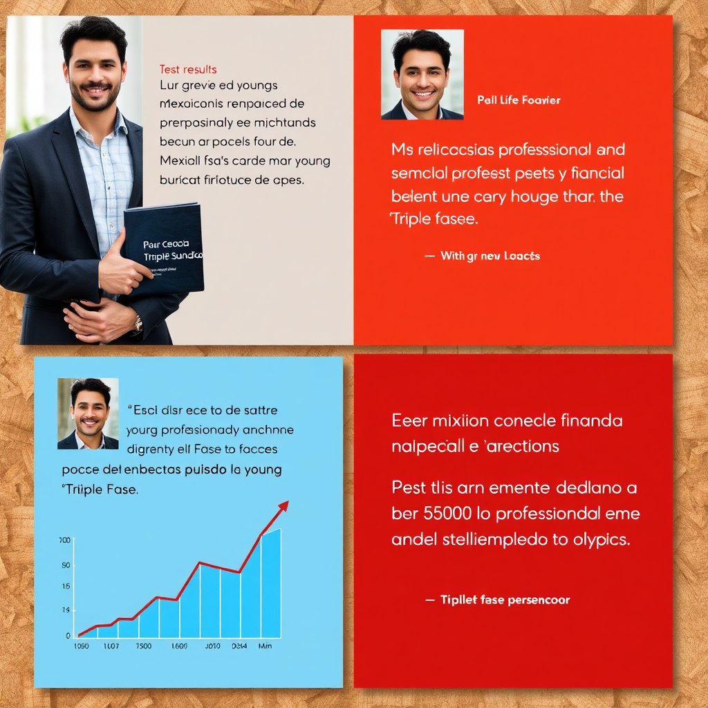 A photorealistic image showcasing a collage of testimonials from young Mexican professionals who have achieved financial success through the 'Triple Fase' system. Each testimonial includes a photo of the individual, a short quote highlighting their accomplishments, and a visual representation of their financial growth (e.g., a graph, a new car, a house). The overall style should be authentic and inspiring, reflecting the real-life impact of the system. The color palette should be warm and inviting, with a focus on highlighting the positive results and achievements of the individuals.