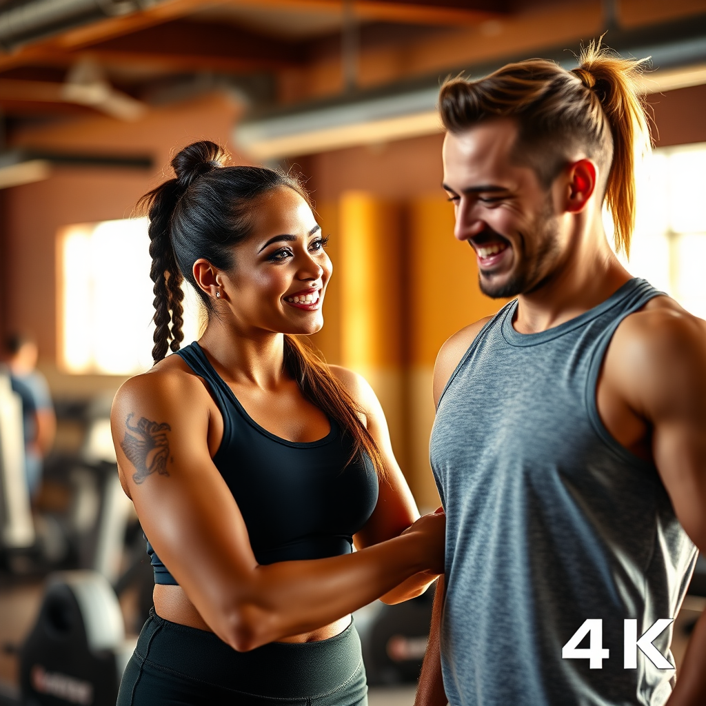  Una imagen fotorrealista que muestra a un profesional del fitness impactando positivamente la vida de sus clientes, brindándoles orientación, apoyo y motivación. La iluminación es cálida y acogedora, con una paleta de colores vibrantes. Resolución 4K.