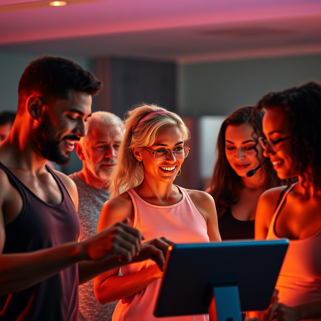 Una imagen fotorrealista que muestra a un grupo diverso de personas que utilizan la plataforma Ismefit, independientemente de su edad, género o nivel físico. La iluminación es cálida y acogedora, con una paleta de colores vibrantes. Resolución 4K.