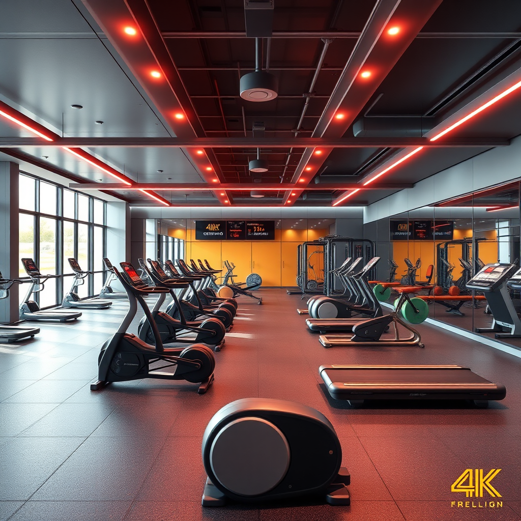 Una imagen fotorrealista que muestra un gimnasio moderno e innovador, con equipos de última generación y programas de entrenamiento personalizados. La iluminación es dinámica y motivadora, con una paleta de colores vibrantes. Resolución 4K.