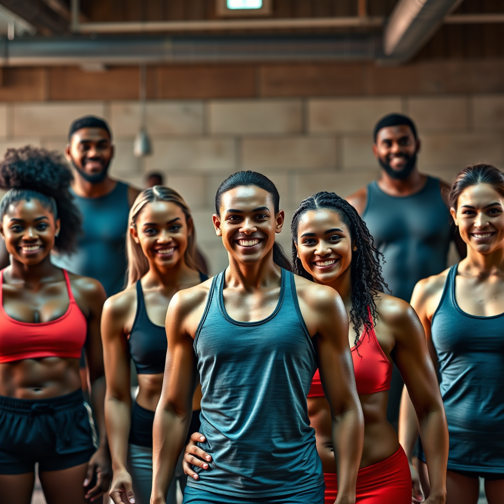  Una imagen fotorrealista que muestra a un grupo diverso de personas en proceso de transformación física personalizado. Se centra en sus expresiones de confianza y empoderamiento. La iluminación es motivadora y talentosa, con una paleta de colores cálidos. Resolución 4K.