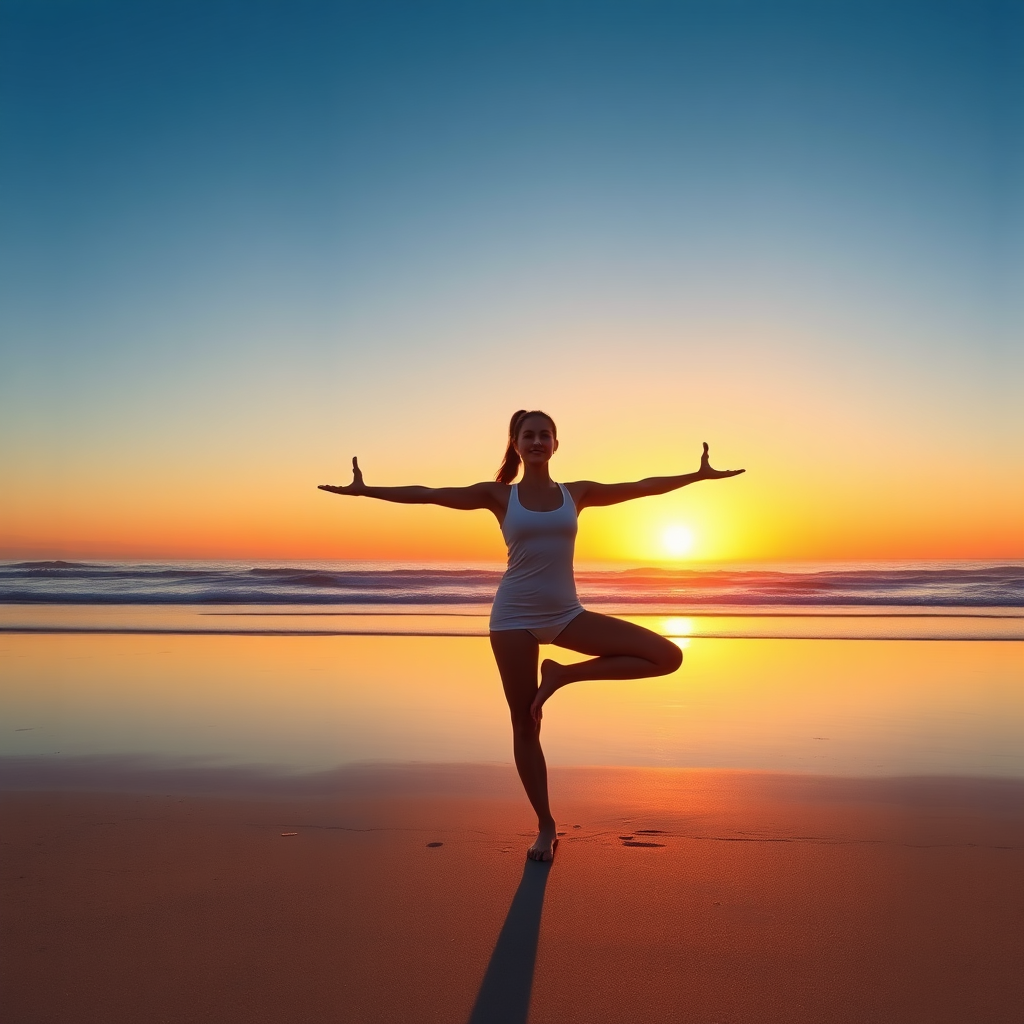 A photorealistic image showcasing a person doing yoga on a beach at sunrise. The person is in a balanced pose, and the sunrise creates a sense of peace and tranquility. The focus is on the balance between mind, body, and spirit. The color palette should be warm and calming.