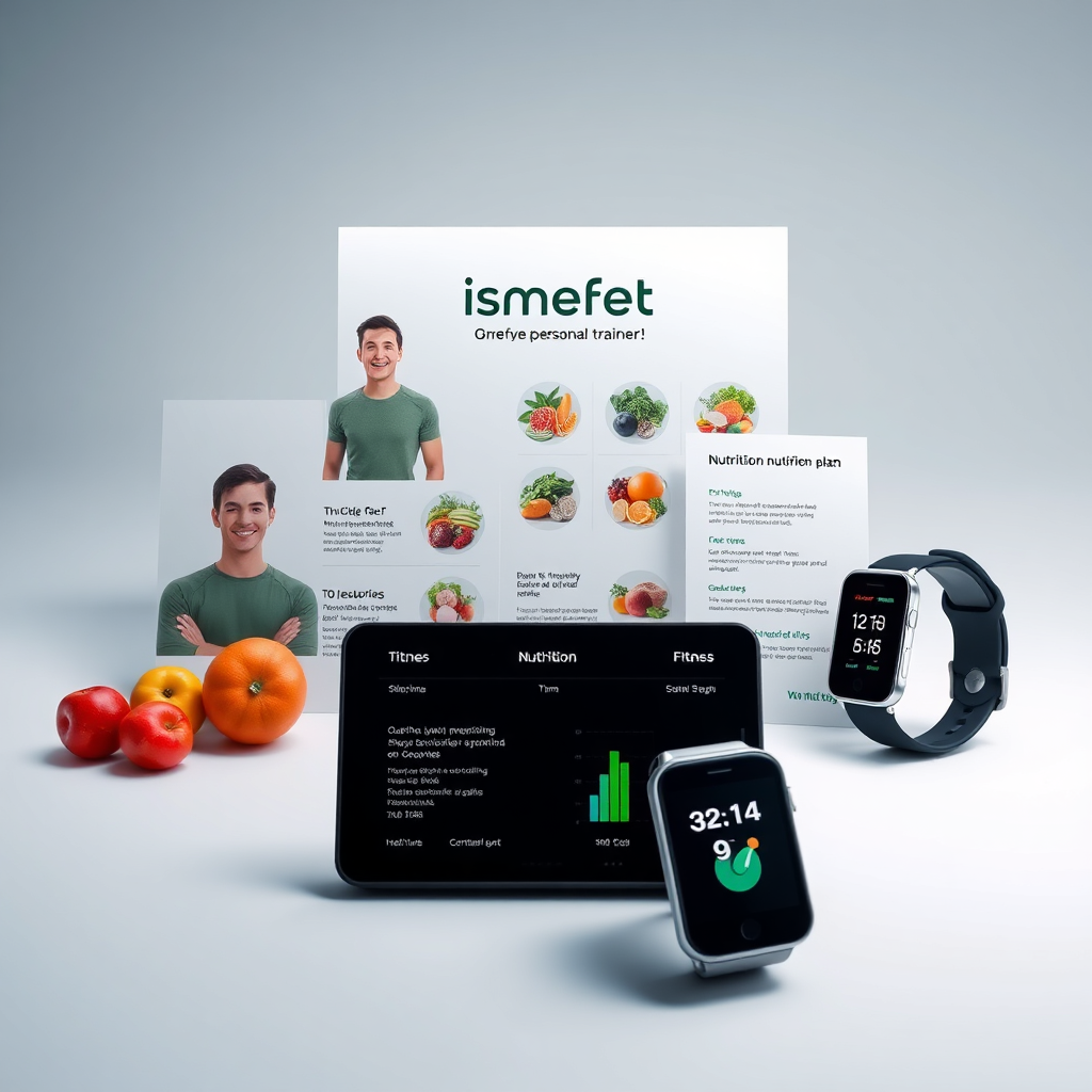 Una imagen fotorrealista que muestra los diversos componentes del programa Ismefit, incluyendo un entrenador personal, un plan de nutrición y un monitor de actividad física. Distribuya los elementos de forma visualmente atractiva e informativa. La iluminación es profesional y moderna, con una estética limpia. Resolución 4K.