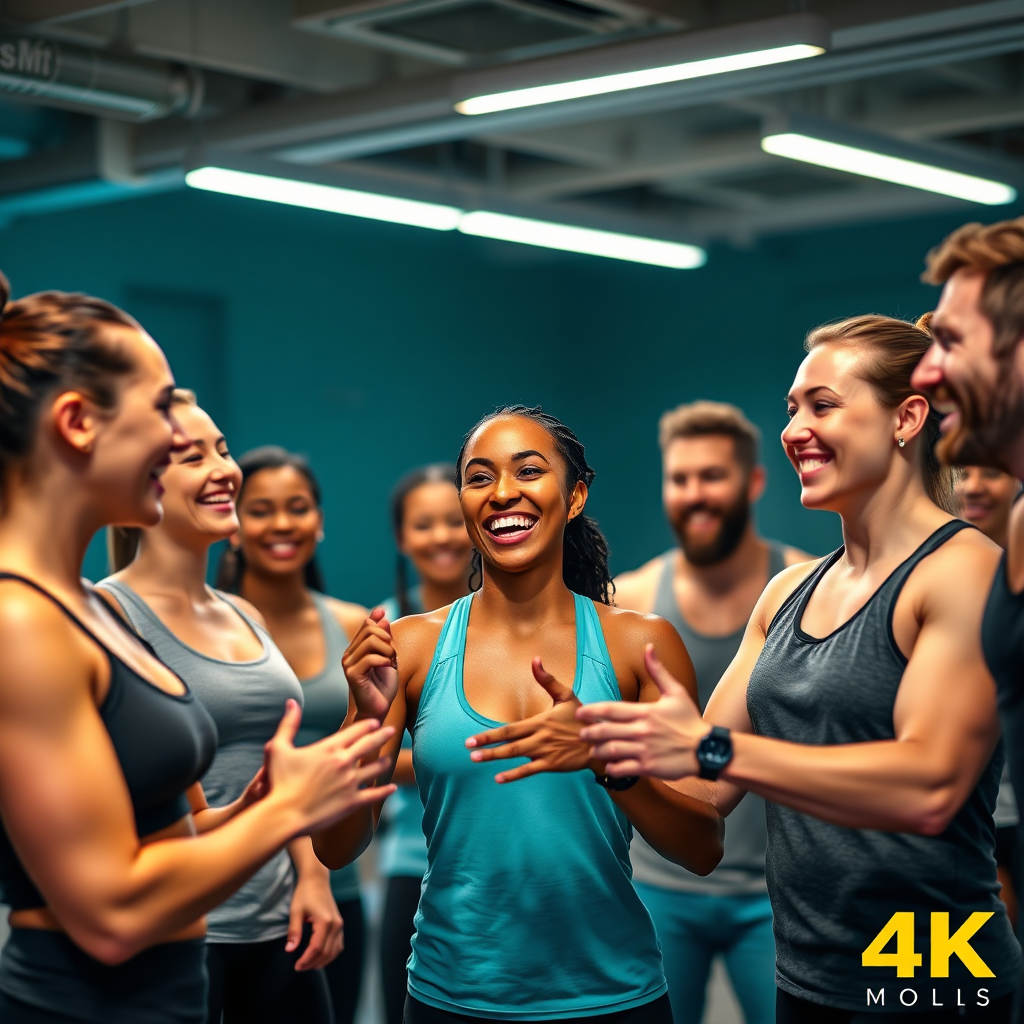 Una imagen fotorrealista que muestra a un grupo de miembros del gimnasio felices y comprometidos, interactuando entre sí y disfrutando de los beneficios del programa Ismefit. La iluminación es cálida y acogedora, con una paleta de colores vibrantes. Resolución 4K.