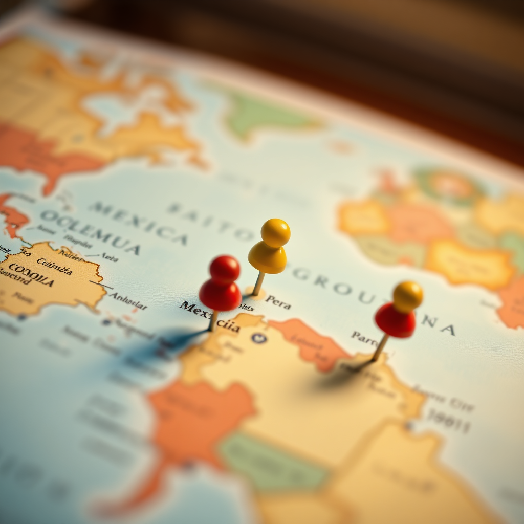A photorealistic image showing a world map with pins highlighting Mexico, USA, Colombia, Peru, and Guatemala. Focus on the pins, symbolizing growth and international reach. The map background should be slightly blurred to emphasize the pins. Use warm colors, golden hour lighting, and 8K resolution.