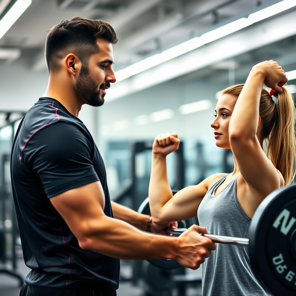 A photorealistic image showing a certified personal trainer working closely with a client in a modern gym, demonstrating proper weightlifting form. The trainer is attentive and provides helpful feedback. The gym equipment is clean and well-maintained. The lighting is bright and motivational.