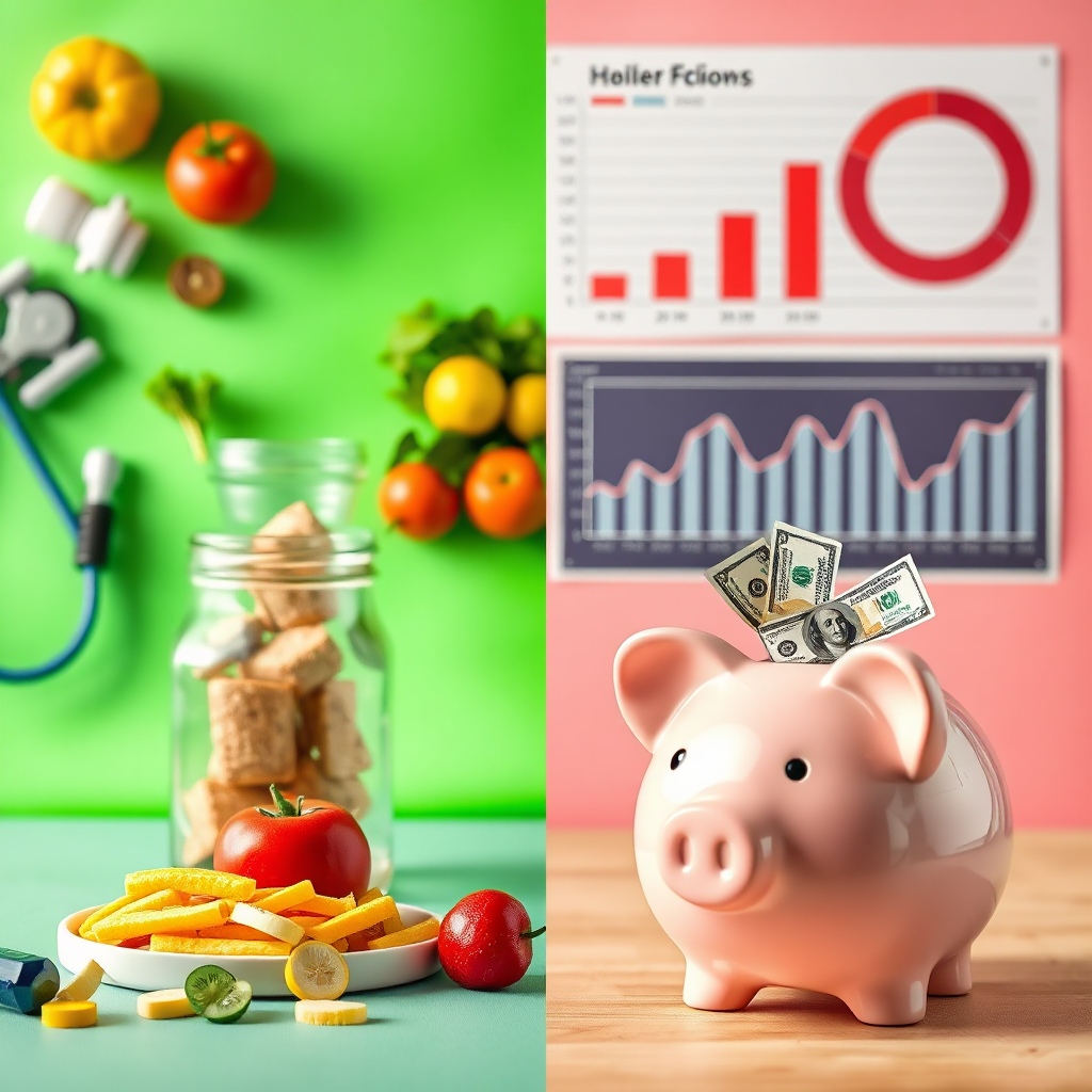 A photorealistic image split in half: one side showing healthy food and exercise equipment, the other showing financial charts and a piggy bank overflowing with money. The image should be brightly lit and vibrant. 8K resolution.