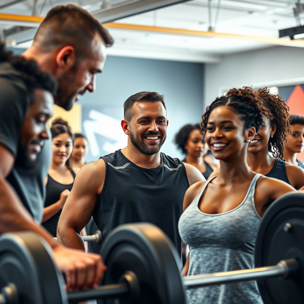 Una imagen fotorrealista de altísima calidad para ISMEFIT, una empresa de entrenamiento personal. La imagen debe transmitir transformación, resultados y orientación. Representa a un grupo diverso de personas entrenando con confianza en un gimnasio moderno y bien equipado. La iluminación debe ser motivadora y enérgica, con una paleta de colores cálidos de naranjas, rojos y amarillos que simbolizan energía y pasión. El centro de atención debe ser una figura central que logre su mejor marca personal, acompañada de un entrenador que la apoye y la oriente. El entorno debe ser limpio y acogedor, enfatizando la atmósfera positiva del gimnasio. Utilice carteles motivacionales como fondo. Captura la textura del equipo de entrenamiento y el sudor en rostros decididos. Utiliza un objetivo gran angular para crear una sensación de escalada y comunidad. Inspirado en la estética ambiciosa de Lululemon y la determinación de las campañas de Under Armour. Resolución 8K, detalle hiperrealista e iluminación volumétrica.