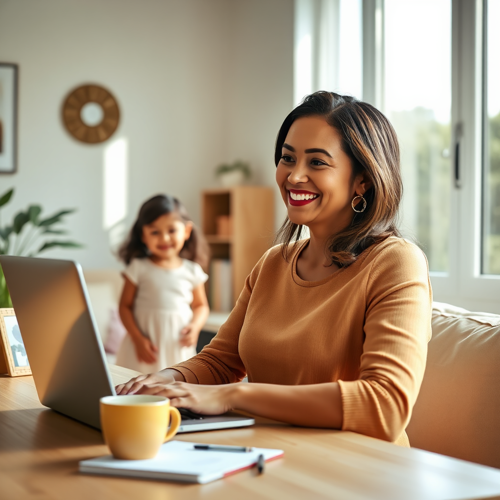 A photorealistic, ultra-high-quality image depicting a Latina mother in her late 30s, working comfortably from her modern, sunlit home office. She is smiling warmly, glancing at a laptop with a positive graph displayed on the screen. In the background, her two happy children are playing quietly, creating a scene of work-life balance. The environment is clean, organized, and inviting. The lighting is soft and natural, enhancing the feeling of warmth and success. Props include a stylish laptop, a cup of coffee, and family photos on the desk. Camera angle: slightly low, capturing the mother's confident posture. Color palette: warm and inviting, with accents of yellow, green, and soft blues. Texture details: focus on the crisp details of the laptop screen, the soft texture of the mother's clothing, and the happy expressions on the children's faces. The image should evoke feelings of financial freedom, family harmony, and empowerment. Style reference: contemporary lifestyle photography. Technical specs: 8K resolution, hyperrealistic, professionally lit and composed.