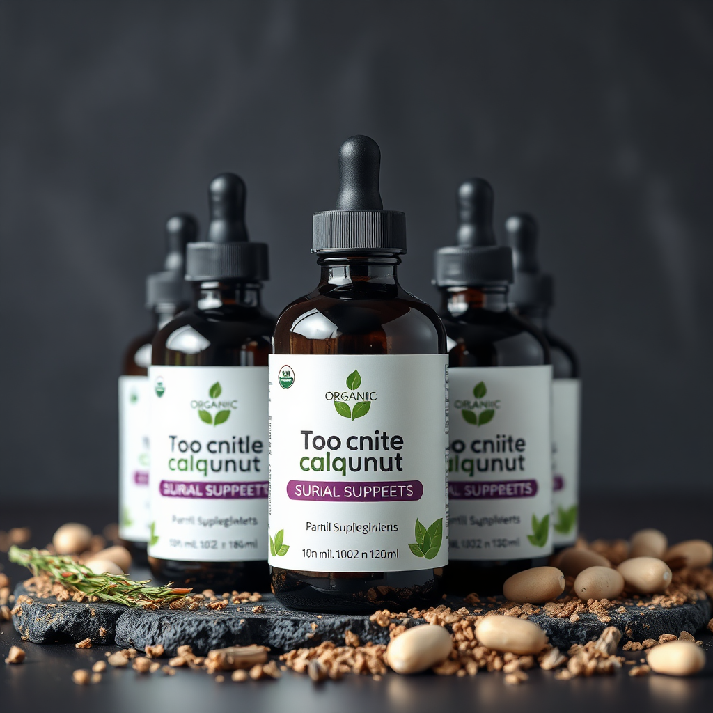 A product shot of several organic supplement bottles arranged elegantly on a dark, natural surface. The bottles should have a clean and modern design. The lighting should be soft and focused, highlighting the labels and the natural ingredients. The background should be blurred to emphasize the supplements. The style should be clean and minimalist.