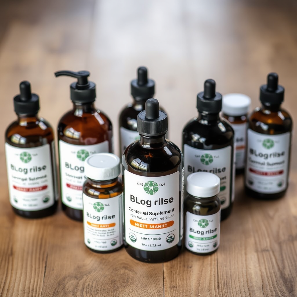 A product shot showcasing a variety of organic supplement bottles attractively arranged on a natural wooden surface. The bottles have clean and minimalist labels, highlighting their natural ingredients. The lighting is soft and highlights the organic quality.