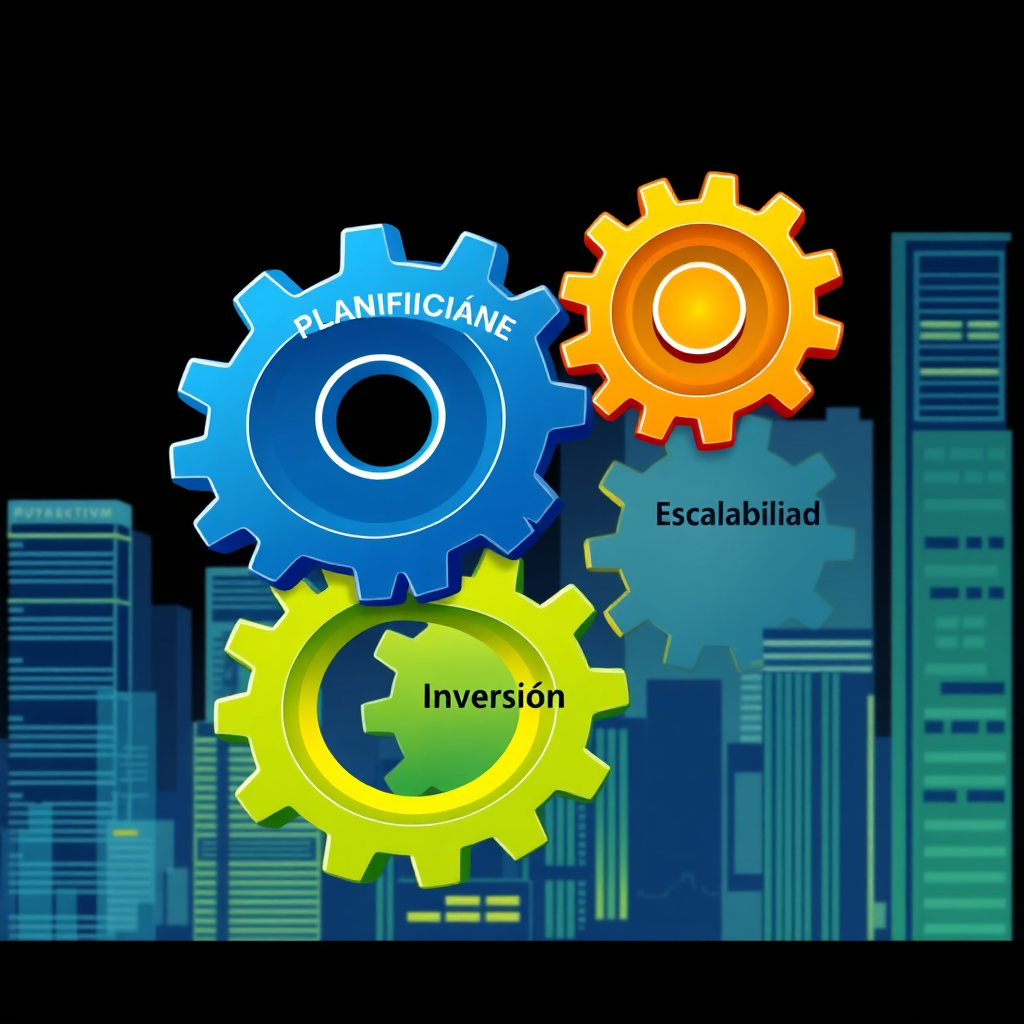 A stylized digital illustration representing the 'Triple Fase' system as three interconnected gears working in perfect harmony. Each gear is labeled with a key element of the system: 'Planificación', 'Inversión', and 'Escalabilidad'. The gears are set against a backdrop of a modern cityscape, symbolizing the potential for financial growth and opportunity. The color palette should be bold and dynamic, with a focus on blues, greens, and golds to convey trust, growth, and prosperity. The overall design should be clean and sophisticated, reflecting the system's effectiveness and reliability.