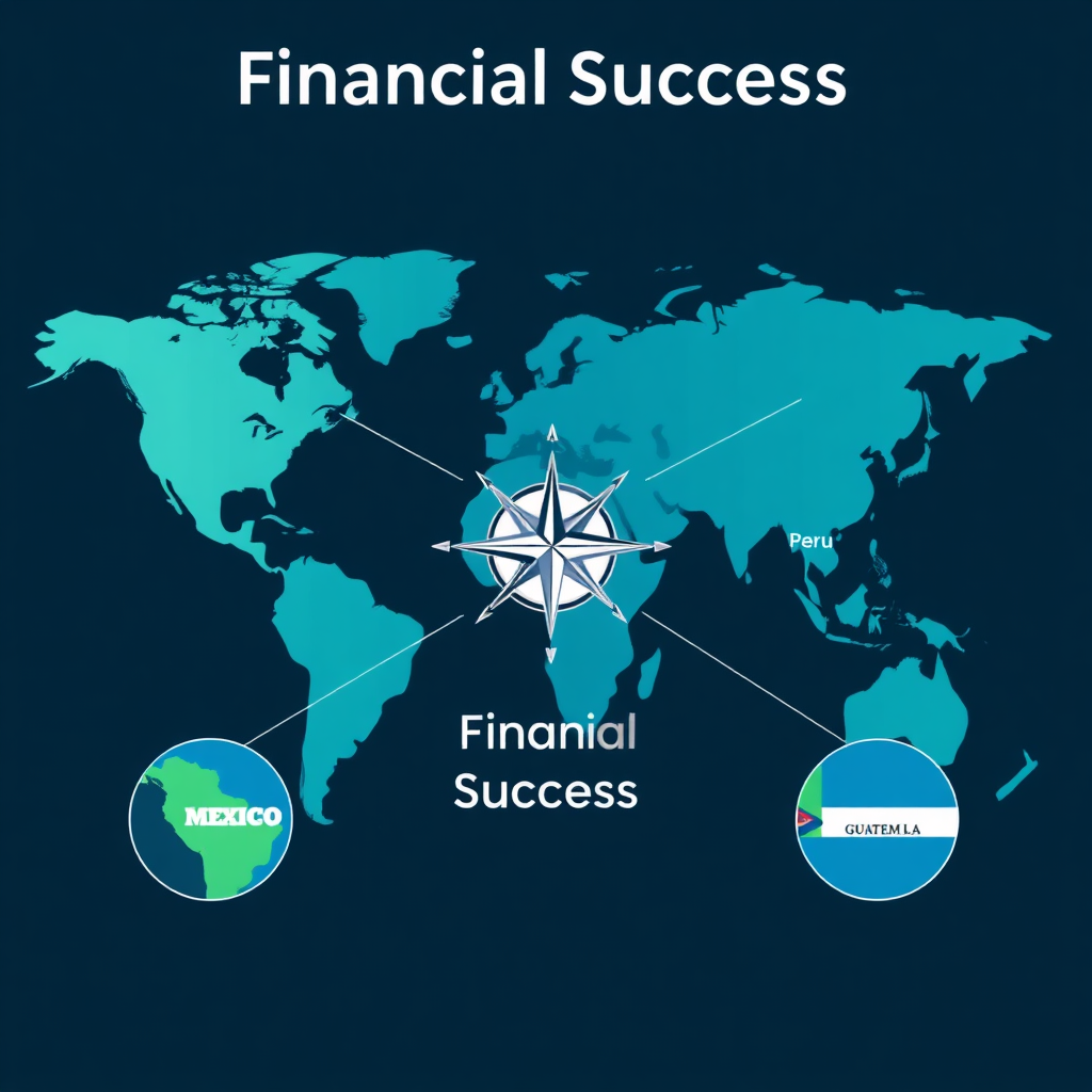  A stylized digital illustration showcasing a world map with highlighted locations representing Mexico, United States, Colombia, Peru, and Guatemala. Each location is connected by a network of lines symbolizing connectivity and global reach. At the center of the map, a stylized compass points towards 'Financial Success' . The color palette should be vibrant and modern, with a focus on blues and greens to convey trust and growth. The overall design should be clean and sophisticated, reflecting the company's global presence and commitment to innovation.