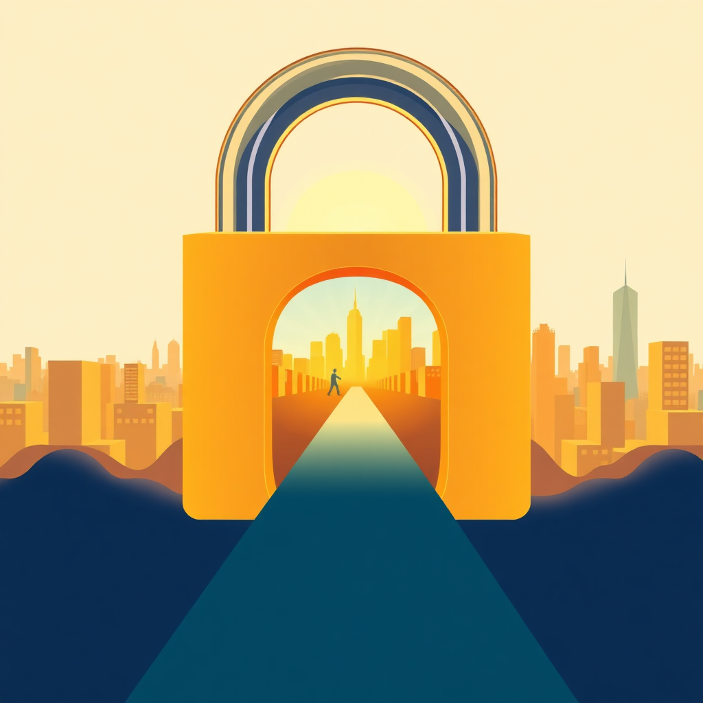  A stylized digital illustration depicting a padlock opening to reveal a pathway leading to a city skyline bathed in golden light. The padlock represents financial secrets and barriers, while the pathway symbolizes the journey to financial freedom. The color palette should be bright and hopeful, with a focus on golds, blues, and greens to convey prosperity, trust, and growth. The overall design should be clean and sophisticated, reflecting the idea of unlocking hidden potential and achieving financial success.
