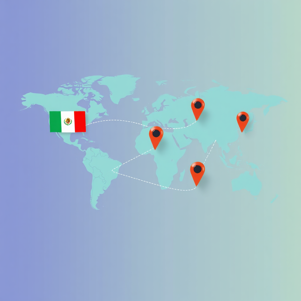 A stylized digital illustration showing a world map with pins marking Mexico, United States, Colombia, Peru, and Guatemala. The pins are connected by dotted lines, visually representing the expansion of a business. The style is clean and modern, using a bright and optimistic color palette. Consider a gradient background to add depth. Camera angle: aerial view. Technical Specs: 4K resolution, vector illustration, clean lines, vibrant colors.