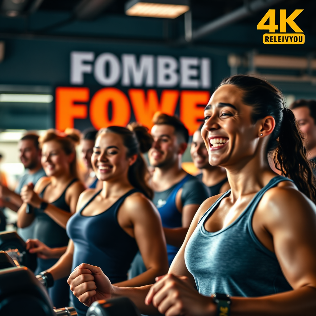 Una imagen estilizada y enérgica de un grupo de personas entrenando juntas en un gimnasio, con un sentido de comunidad y entusiasmo. La iluminación es dinámica y motivadora, con una paleta de colores vibrantes. Se centra en las expresiones de determinación y alegría. Resolución 4K.