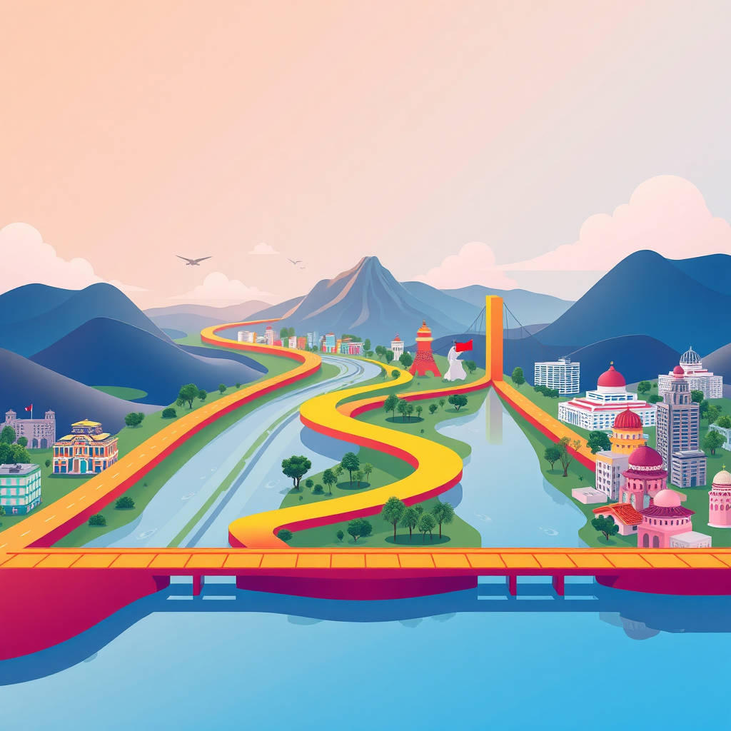 A stylized image depicting interconnected pathways leading to different cityscapes representing USA, Colombia, Peru, and Guatemala. Use a vibrant color palette with 8K resolution and smooth gradients. The overall style should be modern and aspirational.