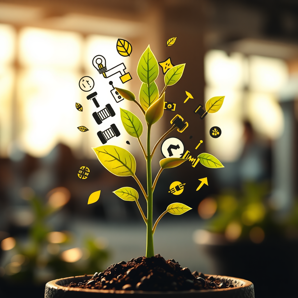 Una imagen estilizada de una planta en crecimiento con elementos relacionados con el fitness, que simboliza el crecimiento sostenible y el éxito que Ismefit aporta a los gimnasios. La iluminación es cálida y acogedora, con un enfoque en los elementos naturales. Resolución 4K.