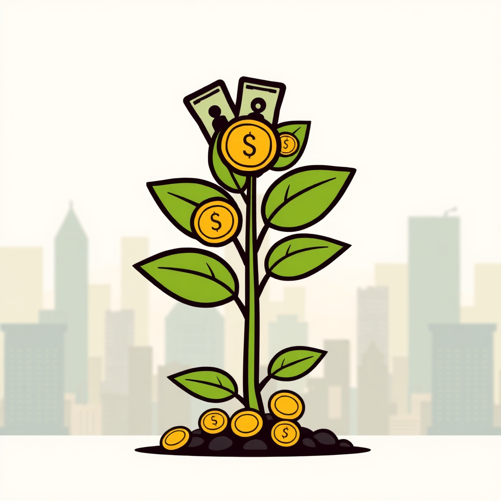 A stylized image of a growing plant with coins and bills as leaves, symbolizing investment growth. The background is a vibrant cityscape, representing financial opportunities.