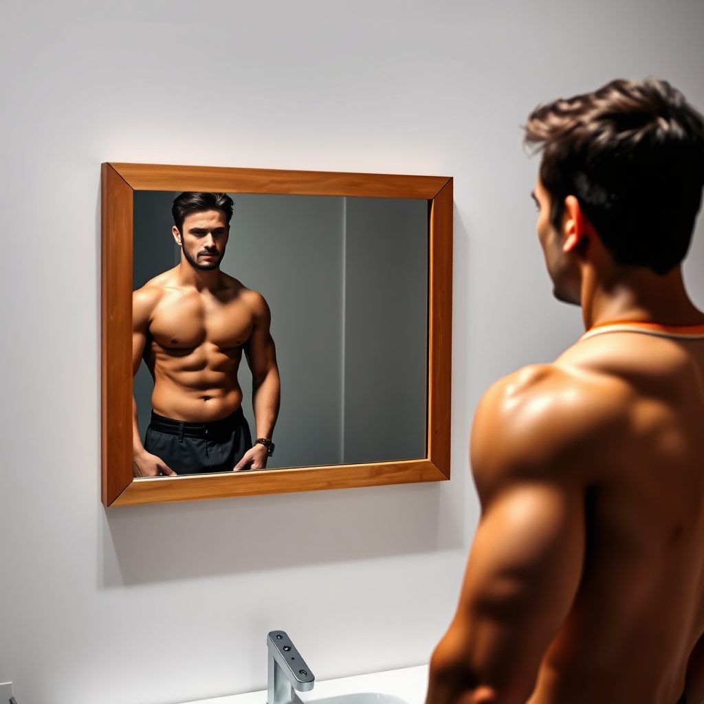 A stylized image of a person looking at their reflection in a mirror, but the reflection shows a healthier, more muscular version of themselves. The lighting should be dramatic, highlighting the contrast between the 'before' and 'after' images. The background should be minimalist. The style should be motivational and aspirational, evoking a sense of personal transformation.