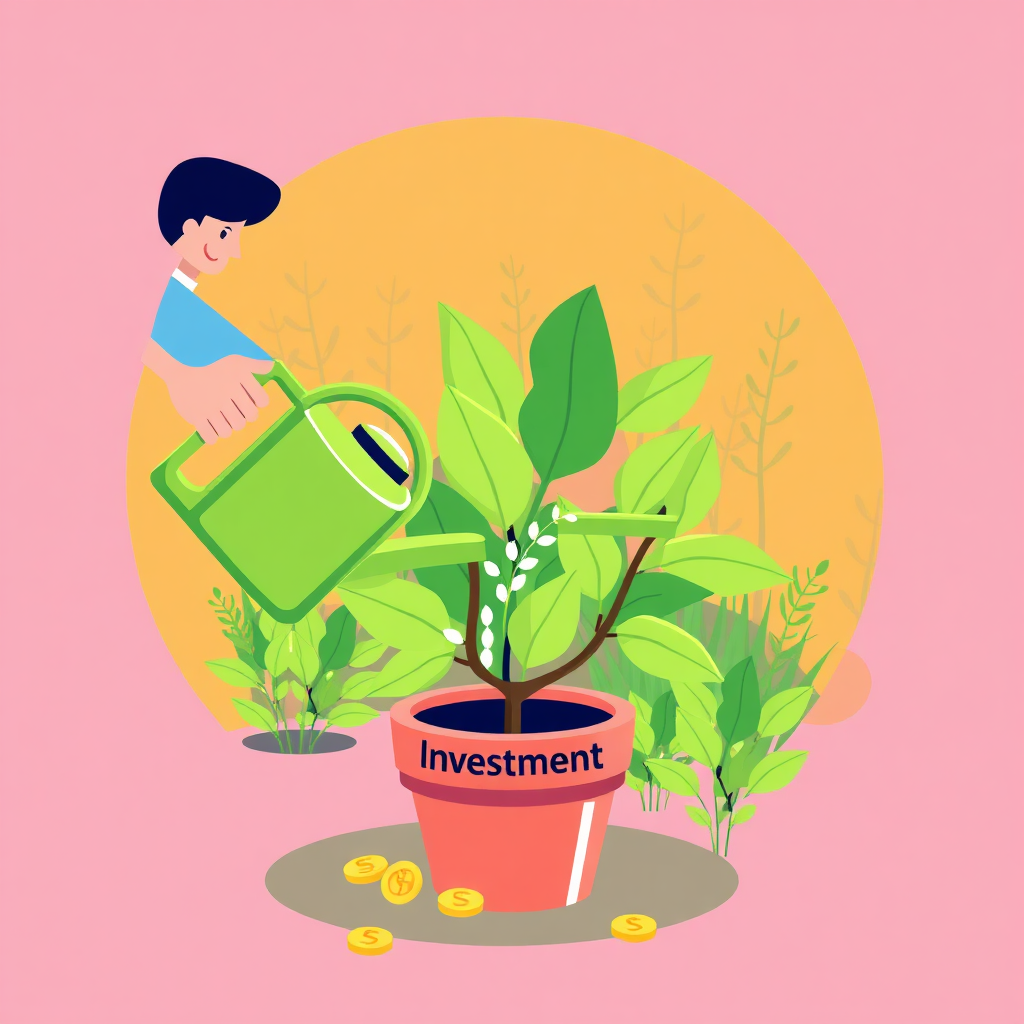 A stylized image of a person watering a money tree with a watering can labeled 'Investment'. The background shows a flourishing garden, representing financial growth. Use a bright and cheerful color palette. 8K resolution.