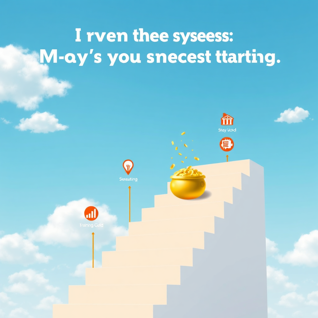 A stylized image of a staircase leading to a pot of gold. Each step represents a step in the system, with icons representing different stages of training and development. The background is a clear blue sky with fluffy clouds. The overall style is clean, minimalist, and motivational. 8K resolution, hyperrealistic.