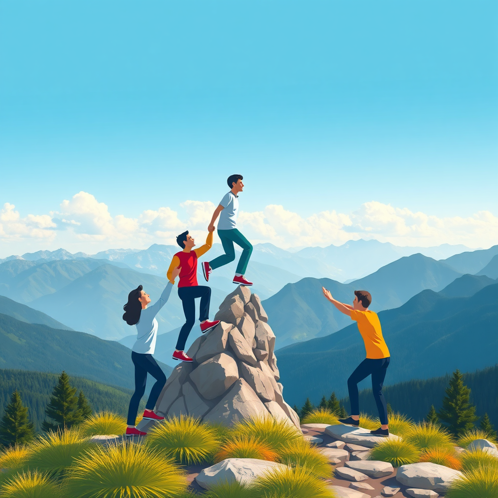 A stylized image of a support team helping a person climb a mountain, representing their journey to success. The background is a beautiful mountain landscape. Use a vibrant color palette and an aspirational style. 8K resolution.
