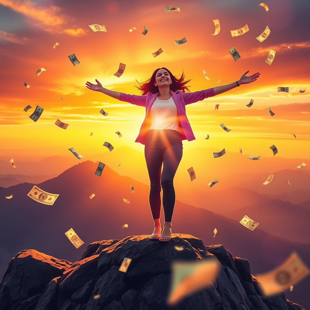 A stylized image of a woman standing on top of a mountain, arms outstretched, with money bills gently falling around her like confetti. The background is a beautiful sunset, symbolizing new beginnings and financial freedom. The style is aspirational and empowering. Camera angle: low angle, emphasizing the woman's strength and success. Color palette: warm and vibrant, with accents of gold and purple. Technical specs: 4K resolution, digital illustration, dramatic lighting.