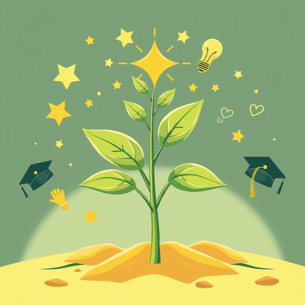 A stylized image representing a growing plant, symbolizing personal and professional growth. The plant is surrounded by positive symbols, such as stars, light bulbs, and graduation caps. The style is uplifting and inspiring. Camera angle: close-up, focusing on the details of the plant. Color palette: vibrant and harmonious, with accents of green and gold. Technical specs: 4K resolution, digital illustration, symbolic imagery.