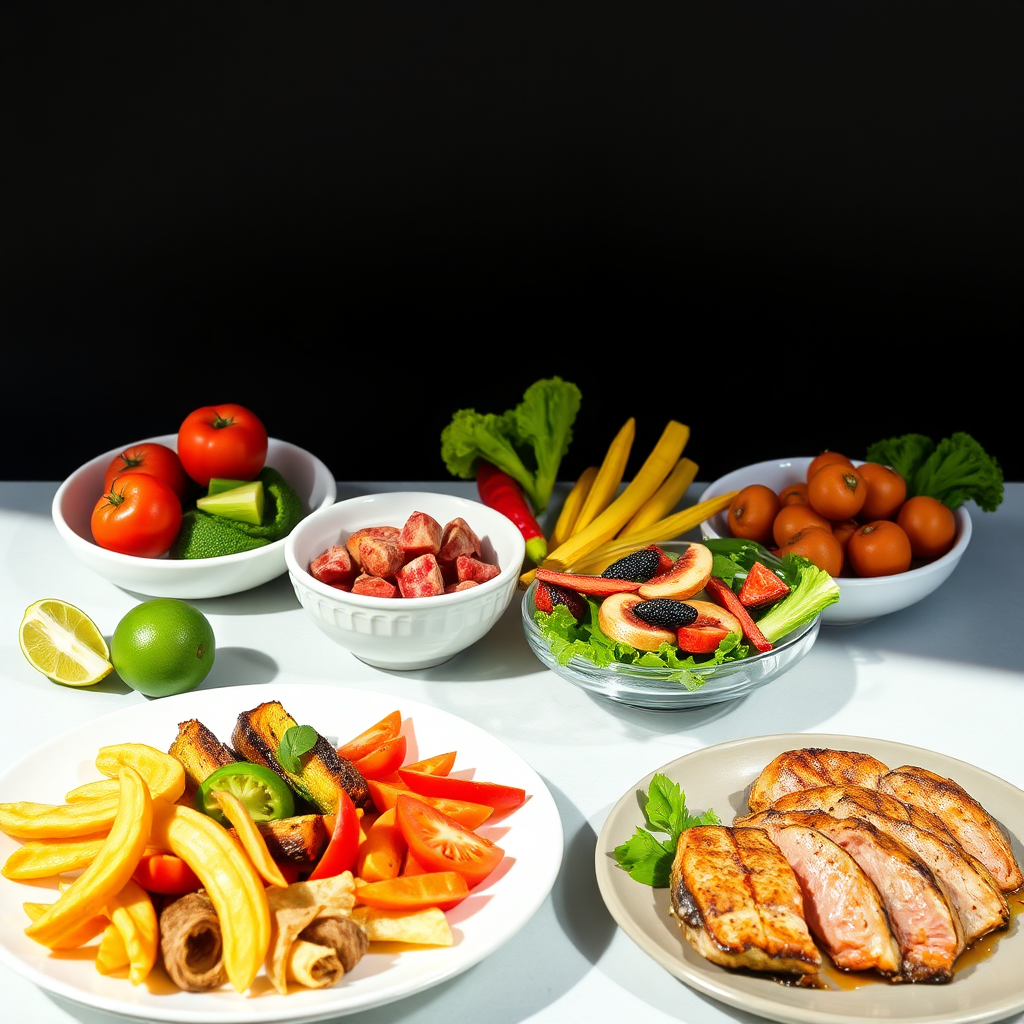 Una imagen estilizada que muestra una variedad de opciones de comidas saludables y deliciosas, adaptadas a diferentes objetivos de fitness. Incluye frutas y verduras de colores vibrantes, así como proteínas magras. La iluminación es brillante y atractiva, con una estética limpia y moderna. Resolución 4K.