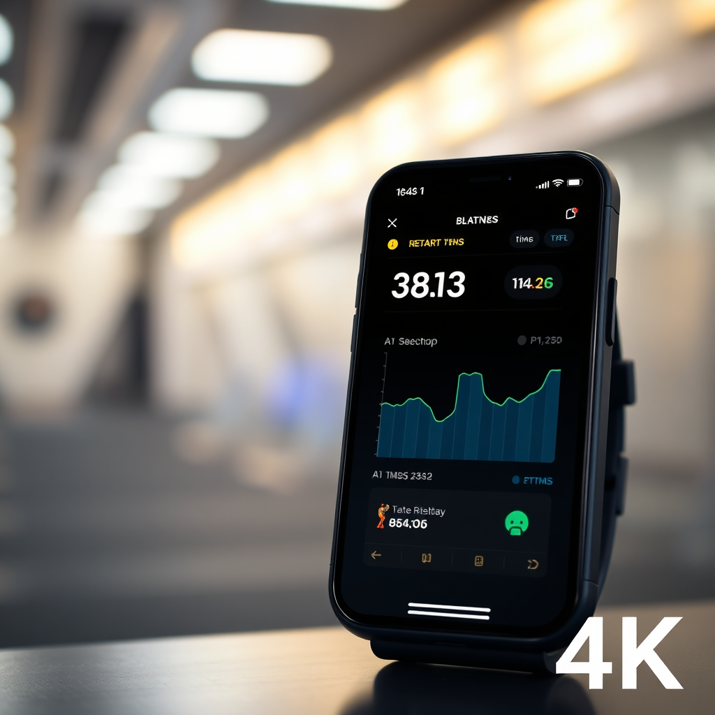 Una imagen estilizada que muestra un moderno monitor de actividad física o una aplicación móvil, con visualizaciones de datos claros e informativos. La iluminación es brillante y atractiva, con una estética limpia y moderna. Resolución 4K.