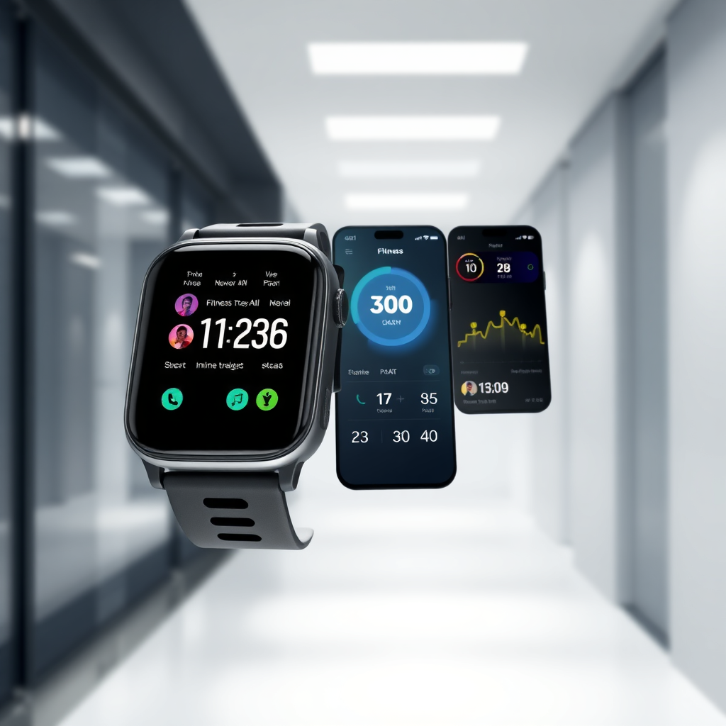 Una imagen estilizada que muestra un moderno monitor de actividad física o una aplicación móvil, con visualizaciones de datos claros e informativos. La iluminación es brillante y atractiva, con una estética limpia y moderna. Resolución 4K.