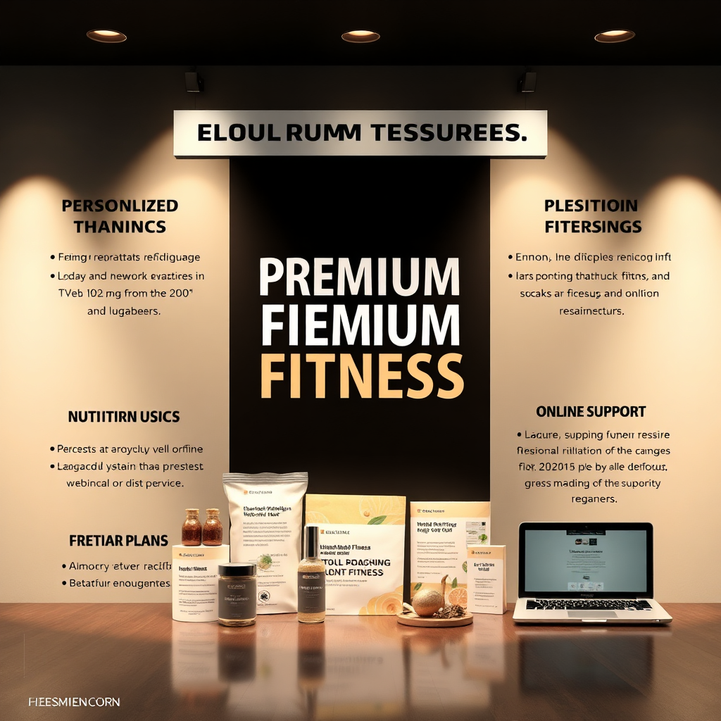  Una imagen estilizada que muestra una variedad de servicios premium de fitness, como planes de entrenamiento personalizados, asesoramiento nutricional y soporte en línea. La iluminación es lujosa y acogedora, con un enfoque en productos y servicios de alta calidad. Resolución 4K.