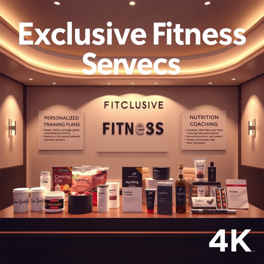  Una imagen estilizada que muestra una variedad de servicios exclusivos de fitness, como planes de entrenamiento personalizados, asesoramiento nutricional y soporte en línea. La iluminación es lujosa y acogedora, con un enfoque en productos y servicios de alta calidad. Resolución 4K.