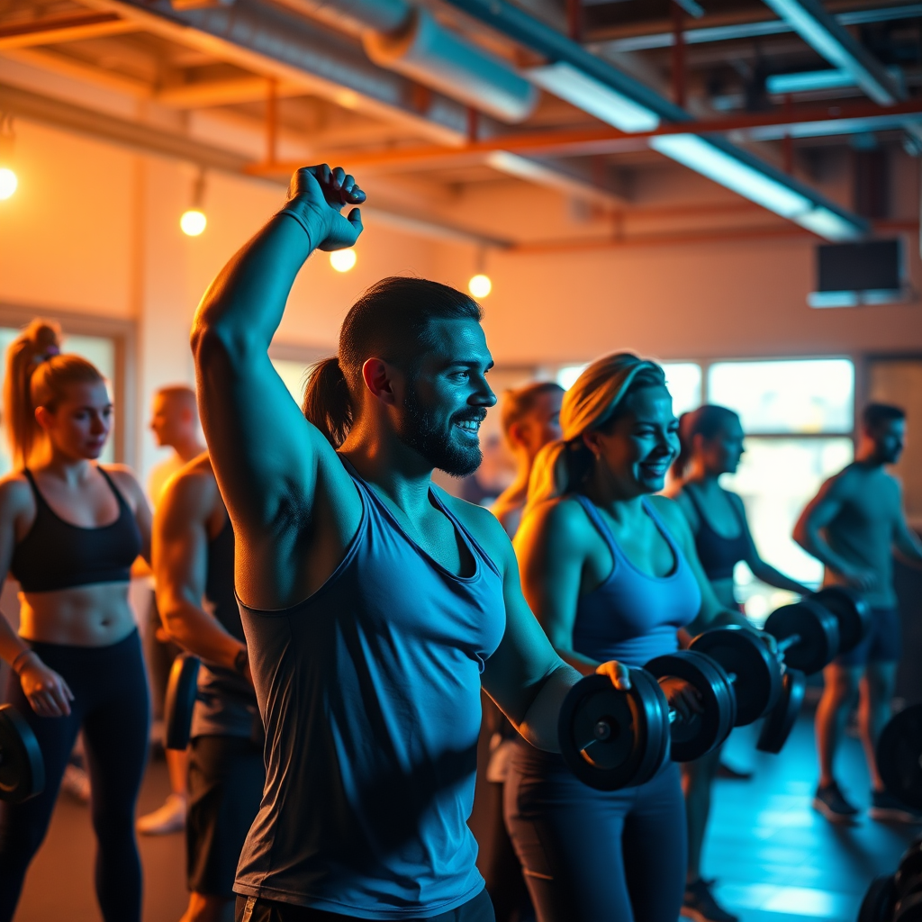 Una imagen estilizada que muestra una comunidad de miembros del gimnasio sólida y solidaria, trabajando juntos y alcanzando sus objetivos de fitness. La iluminación es vibrante y enérgica, con un enfoque en la camaradería y el trabajo en equipo. Resolución 4K.