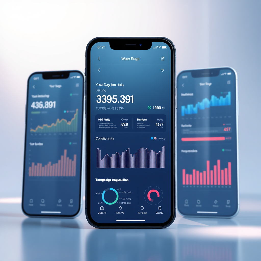 Una imagen estilizada que muestra una aplicación móvil o sitio web intuitivo, con visualizaciones de datos claros e informativos. La iluminación es brillante y atractiva, con una estética limpia y moderna. Resolución 4K.