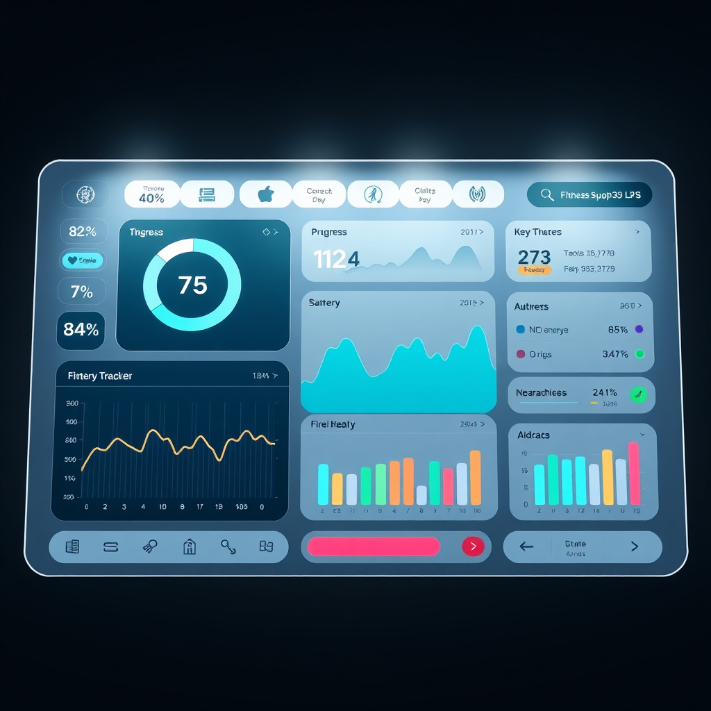 Una imagen estilizada que muestra un monitor o panel de actividad física detallada, con visualizaciones claras del progreso y clave métrica. La iluminación es brillante e informativa, con una estética limpia y moderna. Resolución 4K.