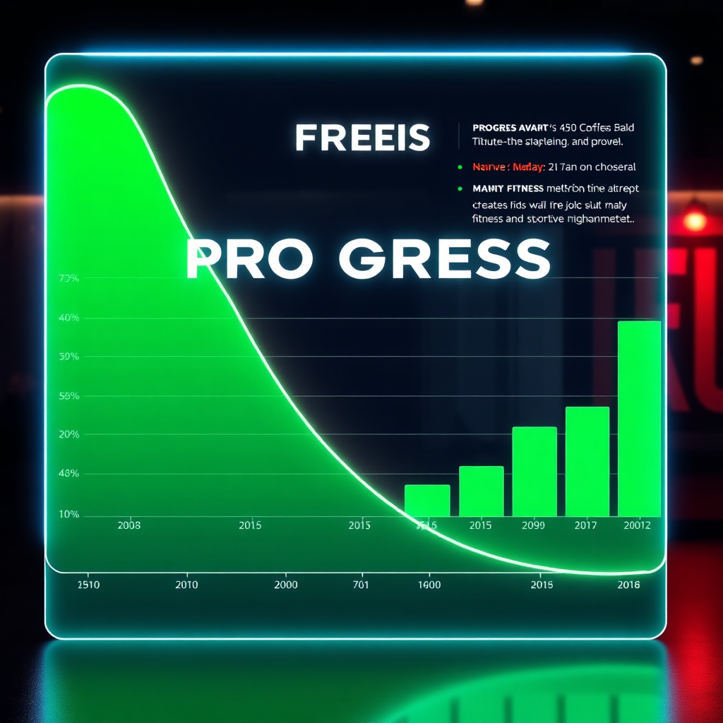 Una imagen estilizada que muestra una clara visualización del progreso, con un gráfico que muestra la mejora en las métricas clave de fitness a lo largo del tiempo. La iluminación es brillante e informativa, con una estética limpia y moderna. Resolución 4K.