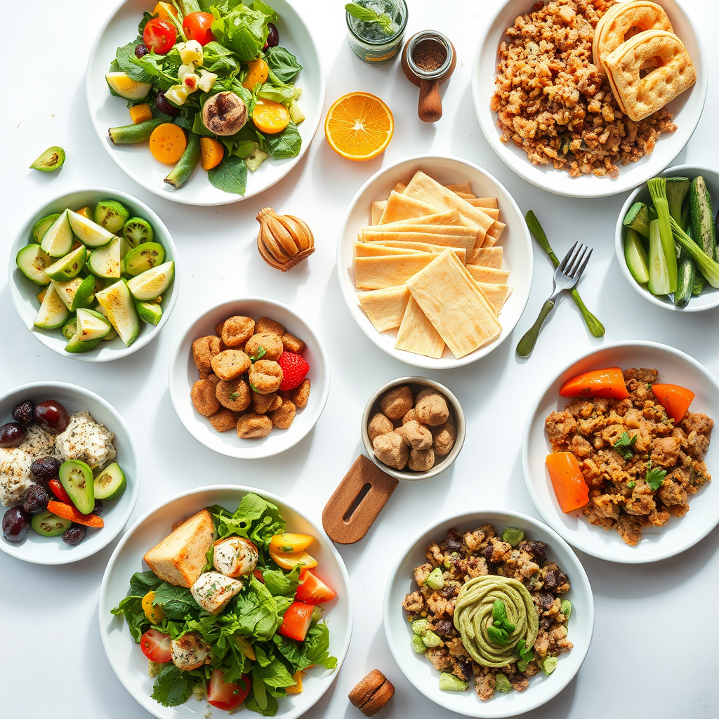 Una imagen estilizada que muestra una variedad de opciones de comidas saludables y nutritivas, adaptadas a diferentes objetivos de fitness. La iluminación es brillante y atractiva, con una estética limpia y moderna. Resolución 4K.