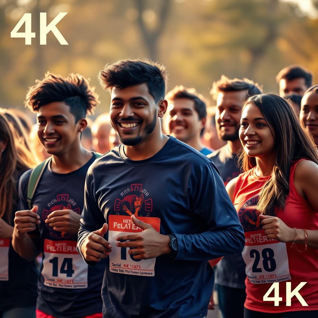 Una imagen estilizada que muestra a un grupo diverso de personas trabajando juntas para lograr un objetivo común, como participar en una carrera benéfica o ser voluntarias en un evento comunitario. La iluminación es cálida y acogedora, con un enfoque en el trabajo en equipo y la colaboración. Resolución 4K.