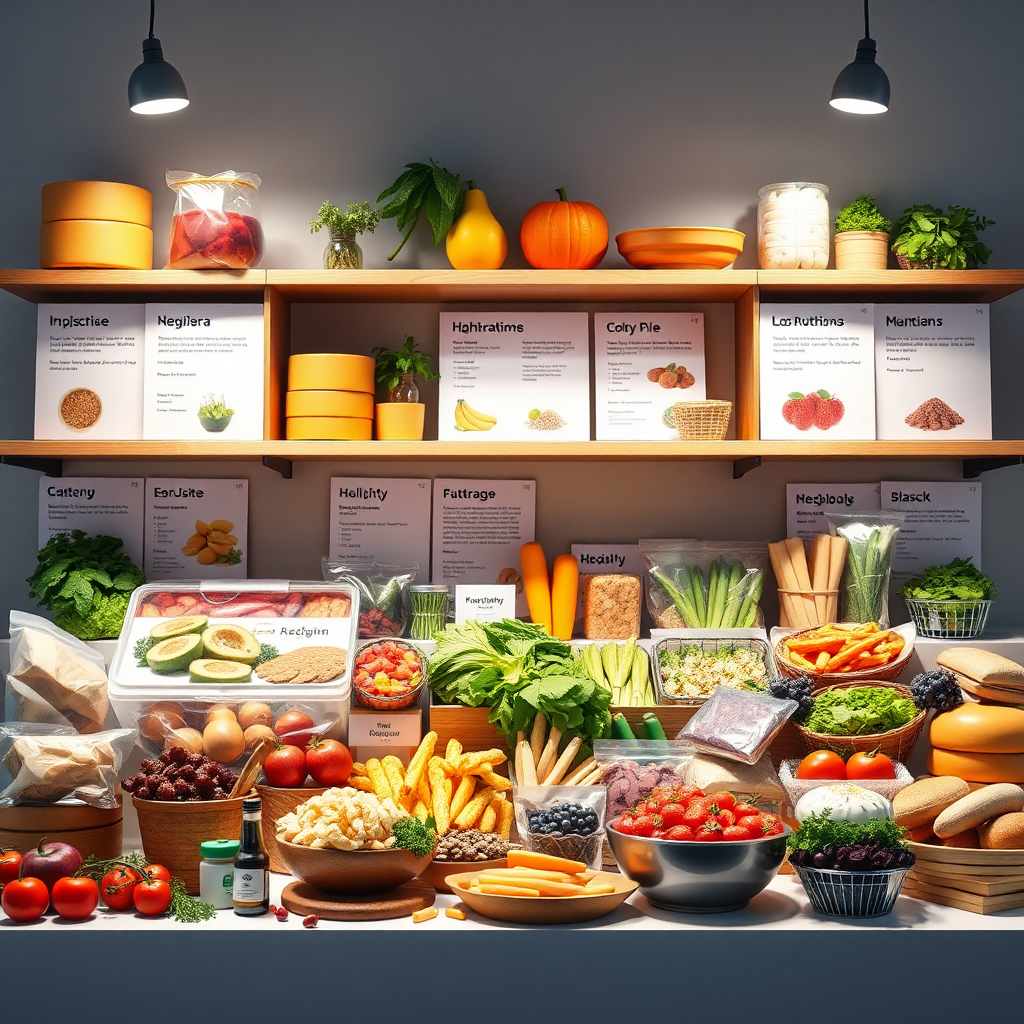  Una imagen estilizada que muestra una variedad de opciones de comida saludable y nutritiva, organizada de forma visualmente atractiva e informativa. La iluminación es brillante y atractiva, con una estética limpia y moderna. Resolución 4K.