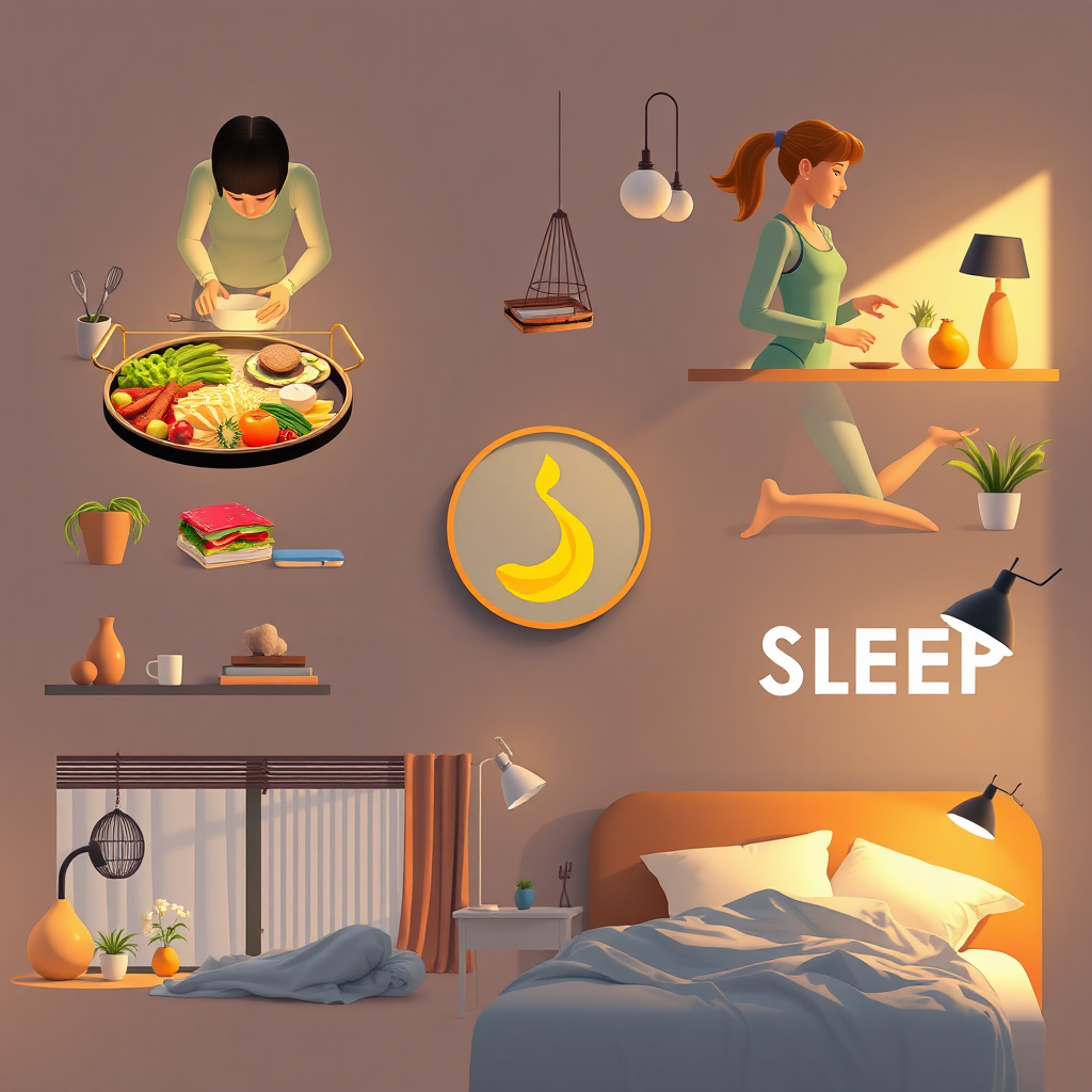  Una imagen estilizada que muestra diversas opciones para un estilo de vida saludable, como cocinar sano, hacer ejercicio con regularidad y dormir lo suficiente. La iluminación es brillante y acogedora, con una estética limpia y moderna. Resolución 4K.