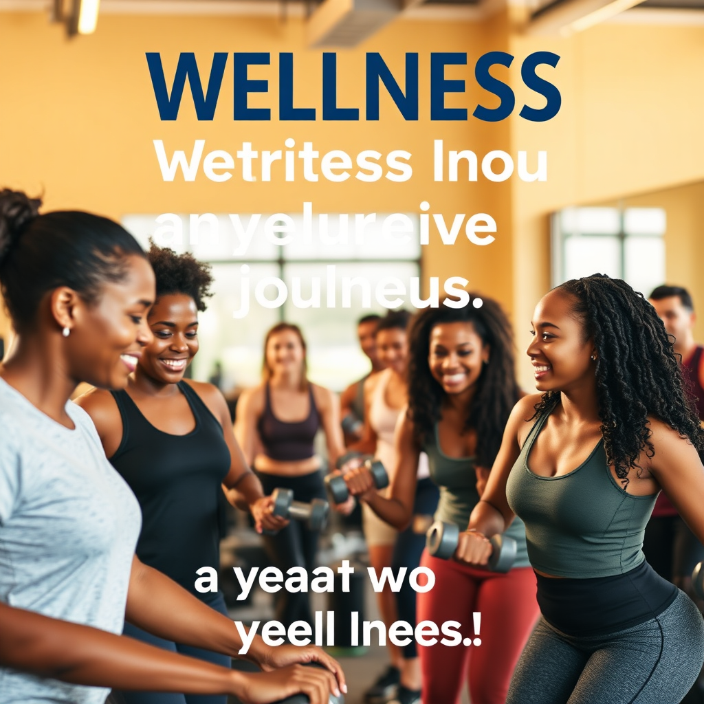 A stylized image showcasing a diverse group of people working out together in a friendly and supportive gym environment. The lighting should be warm and encouraging. The focus is on the community and the shared journey towards wellness. The style should be inclusive and motivational.