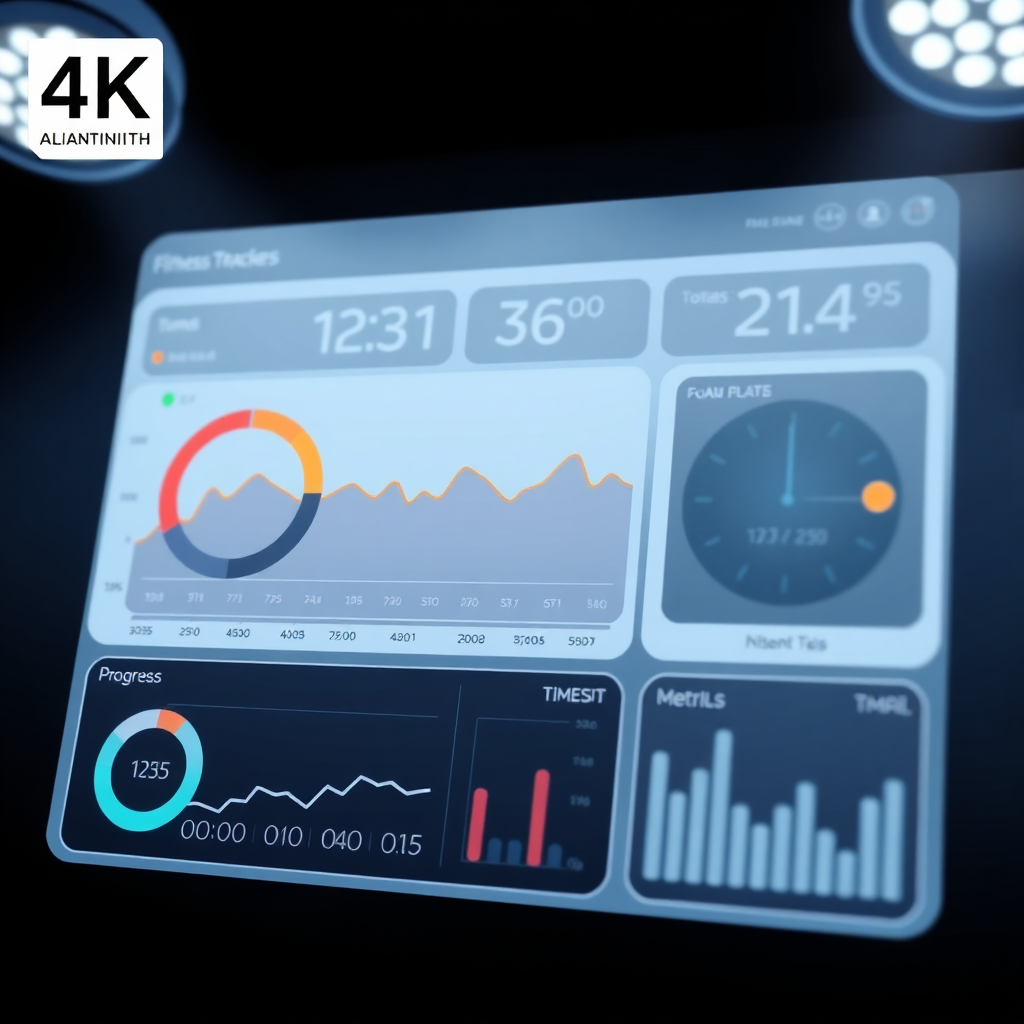  Una imagen estilizada que muestra un monitor o panel de actividad física detallada, con visualizaciones claras del progreso y clave métrica. La iluminación es brillante e informativa, con una estética limpia y moderna. Resolución 4K.