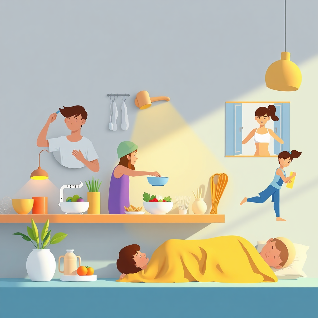 Una imagen estilizada que muestra diversas opciones para un estilo de vida saludable, como cocinar sano, hacer ejercicio con regularidad y dormir lo suficiente. La iluminación es brillante y acogedora, con una estética limpia y moderna. Resolución 4K.