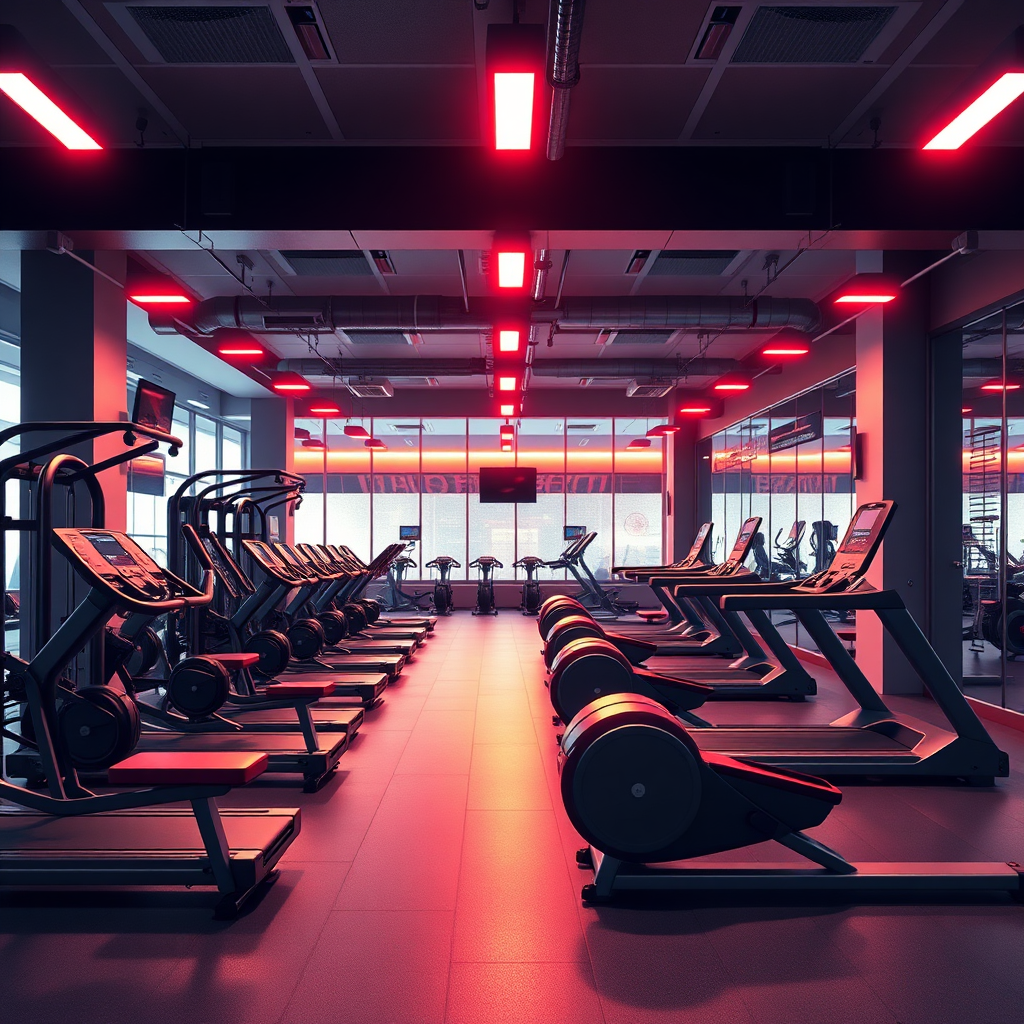  Una imagen estilizada que muestra un gimnasio moderno e innovador, con equipos de última generación y programas de entrenamiento personalizados. La iluminación es dinámica y motivadora, con una paleta de colores vibrantes. Resolución 4K.