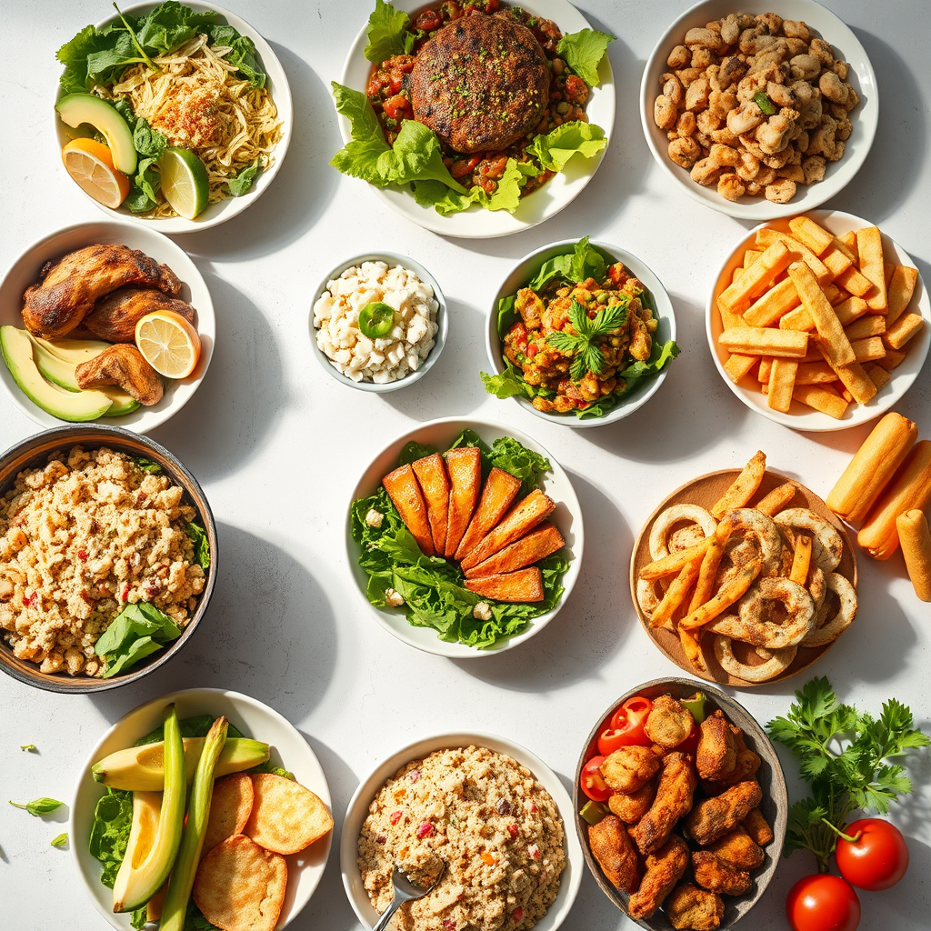 Una imagen estilizada que muestra una variedad de opciones de comidas saludables y nutritivas, adaptadas a diferentes objetivos de fitness. La iluminación es brillante y atractiva, con una estética limpia y moderna. Resolución 4K.