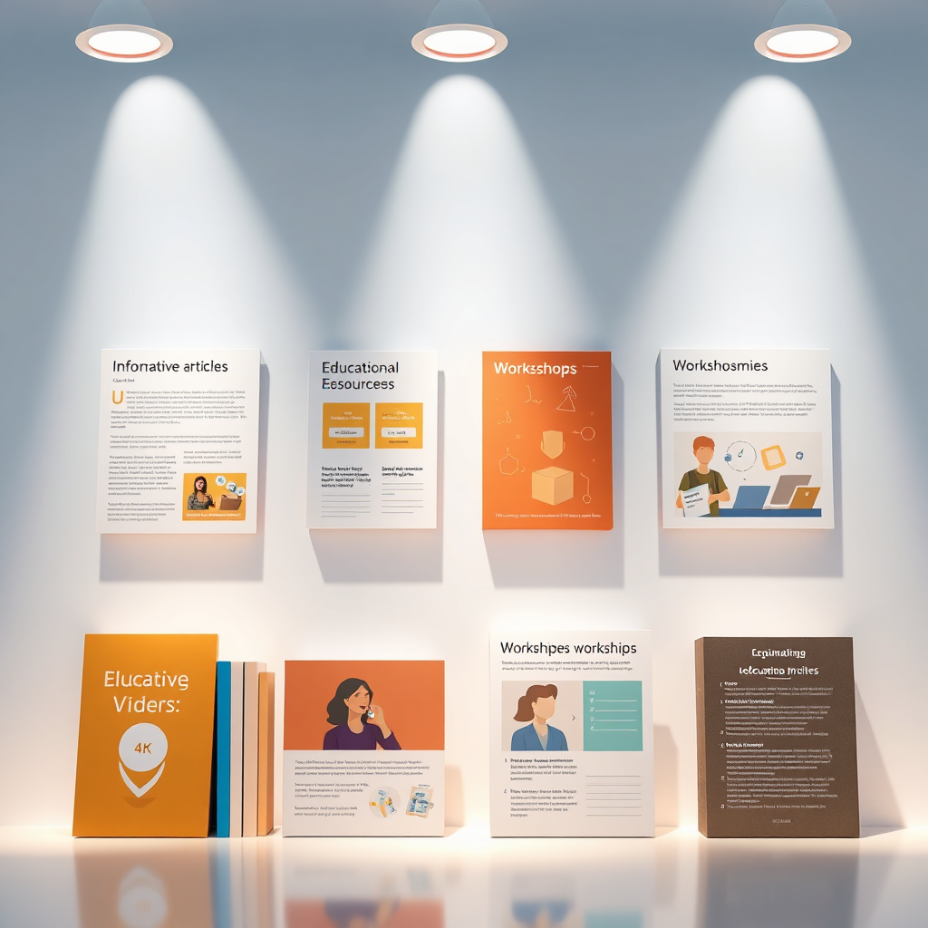 Una imagen estilizada que muestra diversos recursos educativos, como artículos informativos, vídeos y talleres. La iluminación es brillante e informativa, con una estética limpia y moderna. Resolución 4K.