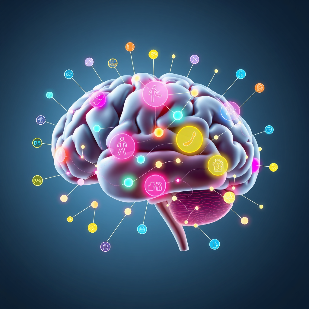 A stylized image showing a brain made up of interconnected nodes and networks, with various icons representing fitness, nutrition, and mental health. The color palette should be bright and modern. The lighting should be soft and diffused. The overall style should be futuristic and informative.