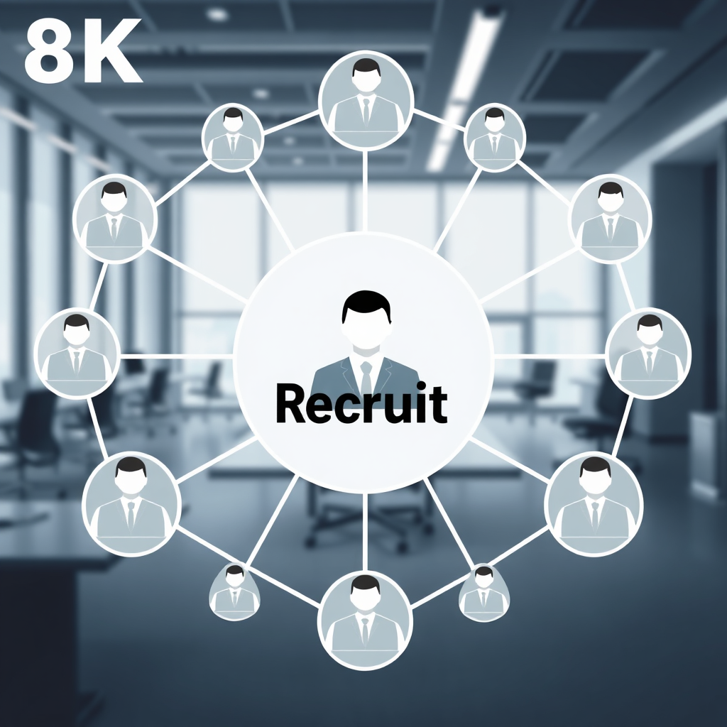 A stylized image showing a network of interconnected people, with one person highlighted as the 'star' recruit. The background is a modern office setting. Use a professional and clean design. 8K resolution.